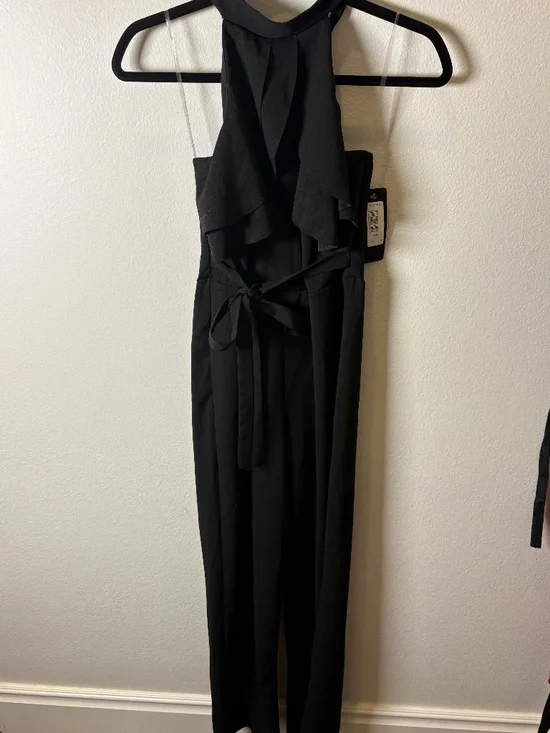 Bebe NWT Black Halter Ruffle Wide Leg Jumpsuit Size 4 - Picture 3 of 11
